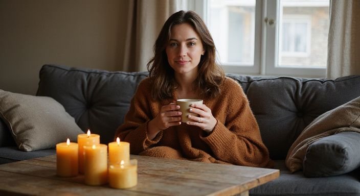 Een vrouw zit ontspannen op een bank met een kop thee.