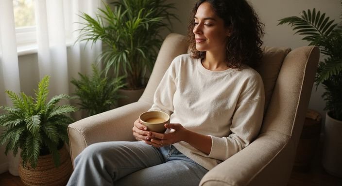 Een persoon met een ontspannen glimlach houdt een kop gouden melk.