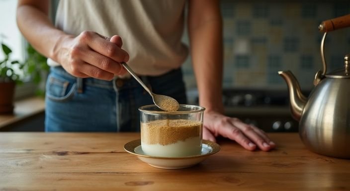 Een persoon bereidt Nutrifoodz Gold in een warme, intieme keuken.