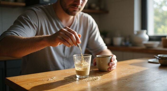 Een persoon roert een glas met gouden poederblend in de keuken.