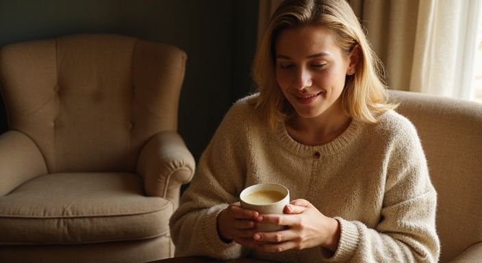 Een persoon geniet van een gouden melk latte in een gezellige ruimte.
