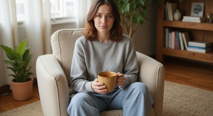Vrouw in comfortabele stoel met een mok in rustige omgeving.