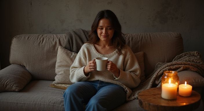 Een vrouw geniet van een warme drank op een comfortabele bank.
