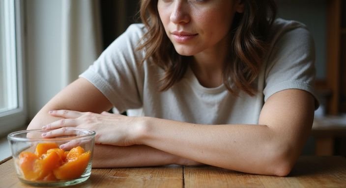 Een jonge vrouw verzorgt zichzelf met zelfbruiner aan de keukentafel.