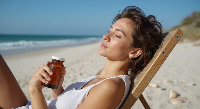 Een persoon in hun twenties ontspant op een strandstoel met tanning pills en wil snel bruin worden.
