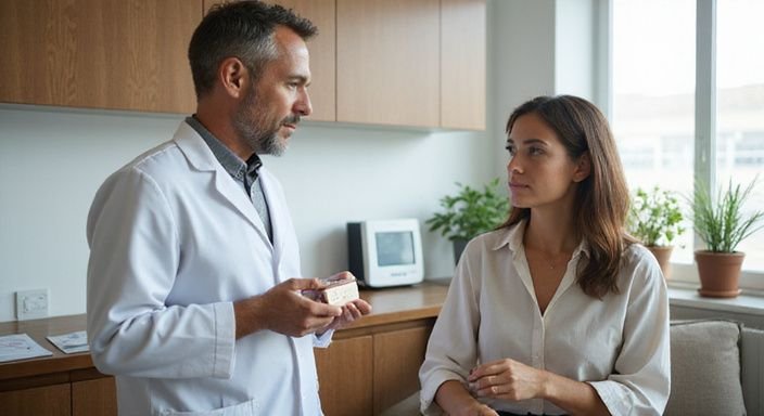 Een dermatoloog bespreekt huidverzorging met een patiënt in een moderne kliniek.